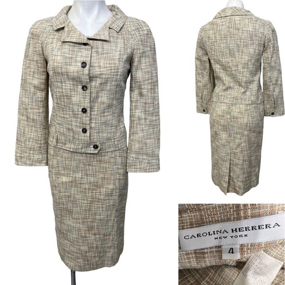 Carolina Herrera Dresses & Skirts - Carolina Herrera suit dress size 4 tan multicolor long sleeve knee length